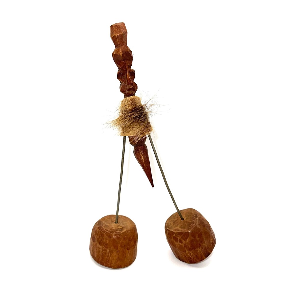 Vintage Hand Carved Wood Tribal Figure Folk Art Statue with Fur Trim / Wire Legs